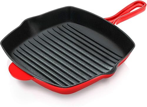 NutriChef Bistecchiera Antiaderente in Ghisa Smaltata da 28 cm, Padella Quadrata con Beccuccio, Compatibile con Tutti i Piani Cottura, Segni di Grigliatura