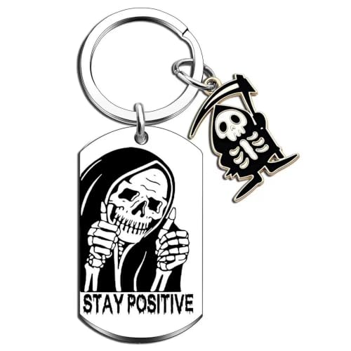 Image of Stay Positive Grim Reaper Thumbs Up Keychain, Funny Sarcastic Keyring, Inspirational Humor Key Ring, Skeleton Bag Charm, Gothic Gift For Humorous Sassy Girl Sarcasm Lover, Creepy Cute Key Accessories