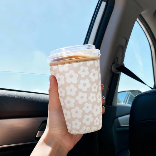Image of Reusable Insulated Sleeve for Iced Coffee Cup, 3-Pack Coffee Neoprene Drink Sleeve for Cold & Hot Drinks, Beverage Holder for Iced Coffee (Daisy Trio)