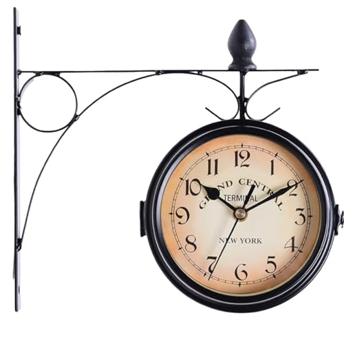AIMALL European Style Double-Sided Wrought Iron Wall Clock Powered Retro Decorative Metal Frame Clock for Living Room Indoor Outdoor Hallway 8.7x9x4.7 inch