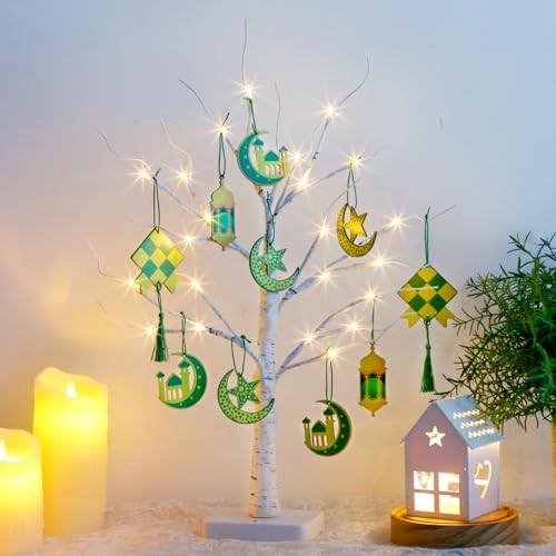 DELICHTER Décoration Ramadan d'intérieur avec 24 LED Blanc Chaud, Fonctionne sur Piles, Arbre Lumineux avec 10 décorations Ramadan, Bouleau avec Fonction minuterie pour Pâques, Noël, Salon, 55 cm