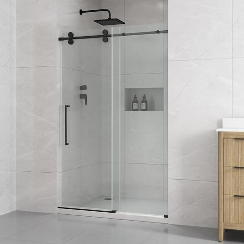 OVE Decors Reva 48 W x 74 H Frameless Sliding Shower Door, 8mm Tempered Clear Glass, Reversible Alcove Design, Black Hardware