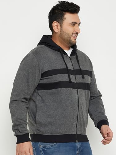 Image of AUSTIVO Men's Grey Full Sleeve Striper Hooded Plus Size Sweatshirt
