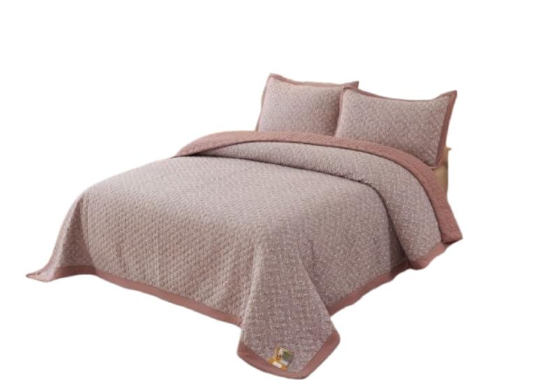 Quilted Bedspread Set, Pink, Floral Pattern, with 2 Pillow Shams, Soft Coverlet-image-3