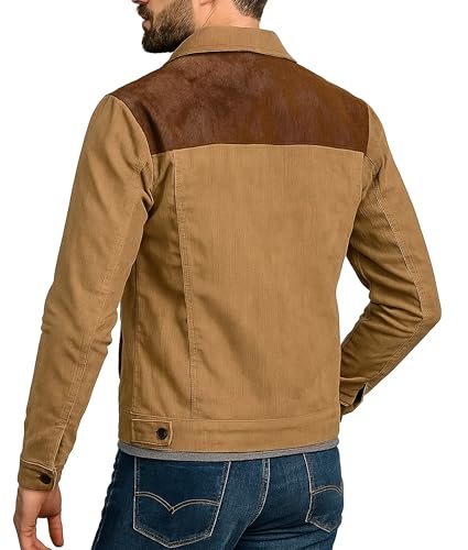 Image of Men's Brown Suede Leather Fur Shearling Collar Jacket - Black Leather Motorcycle Jacket Men - Brown Corduroy Coat