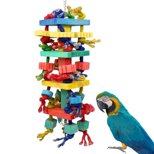 MQUPIN Large Bird Parrot Chewing Toy, Extra Large Bird Parrot Toys for Cockatoos African Grey Macaws and Amazon Parrots, Multicolored Natural Wooden Block Toy for Climbing, Chewing, Unraveling and Preening(21.3″ X 5.1″)