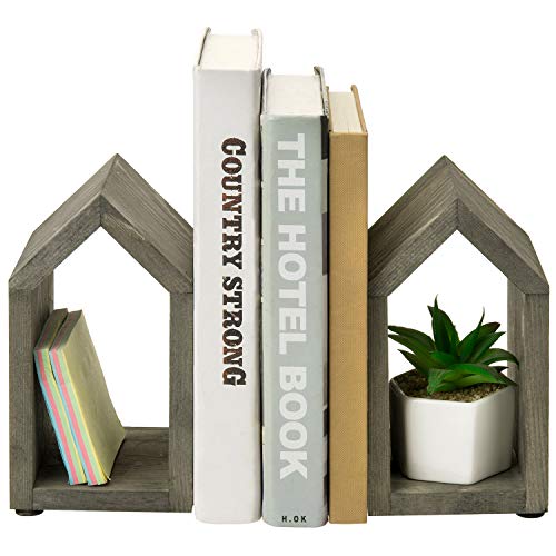 MyGift Vintage Gray Solid Wood Decorative Bookends with House Shaped Design and Sturdy Metal Base, Home Office Desktop Book Stand and Shelf Decor,1-Pair MyGift Vintage Gray Solid Wood Decorative Bookends with House Shaped Design and Sturdy Metal Base, Home Office Desktop Book Stand and Shelf Decor,1-Pair