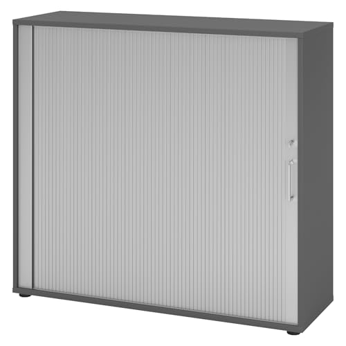 bümö Aktenschrank abschließbar mit Rollladen, Rollladenschrank für Ordner & Co. - Büroschrank mit Rollo, abschließbarer Ordnerschrank aus Holz in Graphit/Silber mit Bügelgriff
