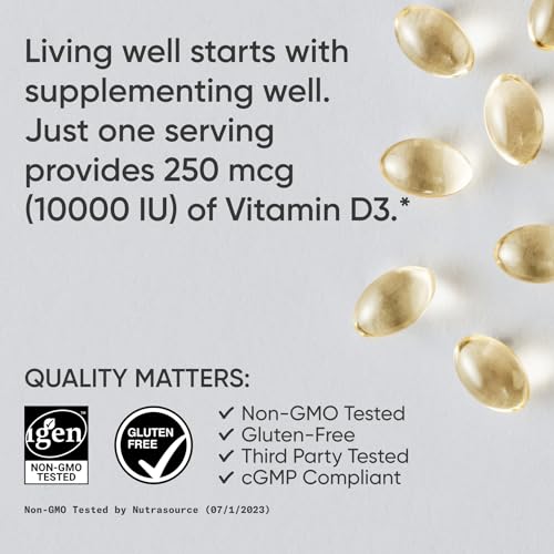 Image of Sports Research Vitamin D3 10,000iu (250mcg) with Coconut MCT Oil - Max Strength Vitamin D Supplement - Gluten Free . Non-GMO . Soy Free - 120 Count Softgels