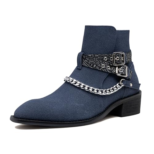Jousen Men's Chelsea Boots with Belt Buckle Navy Fashion Suede Ankle Boots (AMY1011 navy 12)