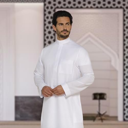 Choosey Saudi Arabic Thobe for Men - Breathable and Comfortable Full Lenght Kaftan Thobe, with Mandarin Collar, Long Sleeves, Front Chest Pocket and Side Pockets| جلابيات للشباب (White, XL)