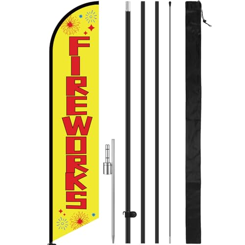 Tingjoo 15FT 4th of July Vibrant Fireworks Feather Flag Pole Kit for Outdoor Advertising Feather Banner with Fiberglass Pole Kit and Ground Spike for Outdoor Event Planning
