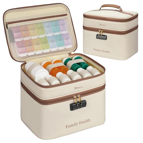 Mancro Lockable Medicine Bag, 2-Layer Pill Bottle Organizer Storage with Adjustable Dividers, Medication Travel Case for Pills, Vitamins & Supplements, Medicine Organizer for Dorm, Home Use and Trips