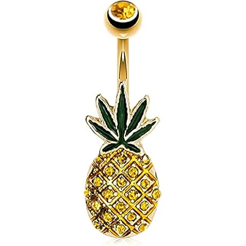 Pierce2GO Gold Pineapple & Weed Marijuana Belly Button Ring - 14G Surgical Steel Pineapple Belly Button Ring - Belly Button Rings Piercing for Women – 7/16” Cover