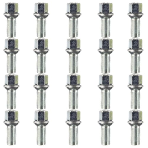 RYBO Alloy Wheel Bolts - M14 x 1.5, 27mm Thread, 17mm Hex | Replacement Bolt Kit for Audi & Volkswagen Car Models | Car Accessories (Silver, Set of 20)