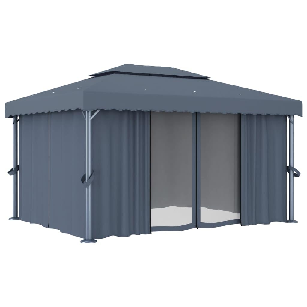 Pawilon ogrodowy 4 x 3 m, antracyt z zasłonami, łańcuch świetlny LED, aluminiowa rama, poliester z powłoką PA, idealny na taras, imprezę w ogrodzie, grillowanie i uroczystości