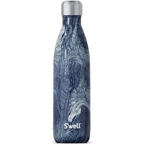 Blue steel water bottle on a white background.