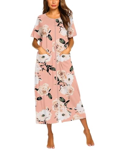 Image of Ekouaer Women Robe Zipper Short Sleeves Full Length House Coat with Pockets