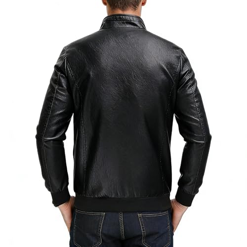 Image of Mens Faux Leather Jacket Full-Zip Stand Collar Outerwear Lightweight Motorcycle Jacket