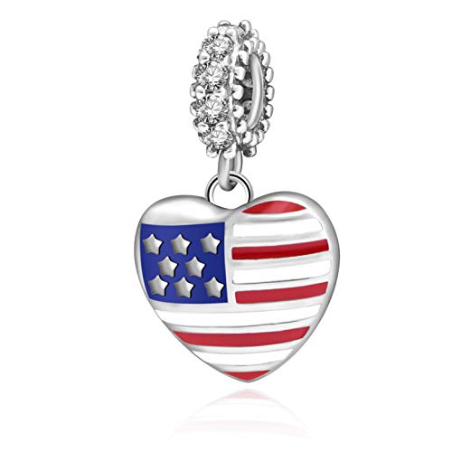 Abun American Usa Flag Heart Charms 925 Sterling Silver Patriotic Love Beads Fits European Charms Bracelet (Dangling Heart) #TOP12