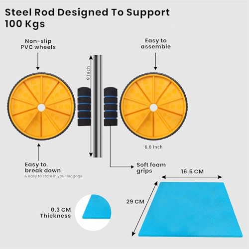 Image of Abs Roller for Men & Women Ultimate Gym Roller for Effective Abs Workout Home Workout, Gym Ab Roller Workout Equipment for Abdominal Ab Roller Home Exercise Mat -Yellow Black