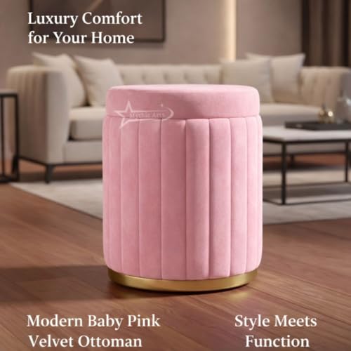 Image of Round Strip Stool with Cushion Foot Rest Office Stool Pouf Ottoman Padded Seat in Living Room - Pink