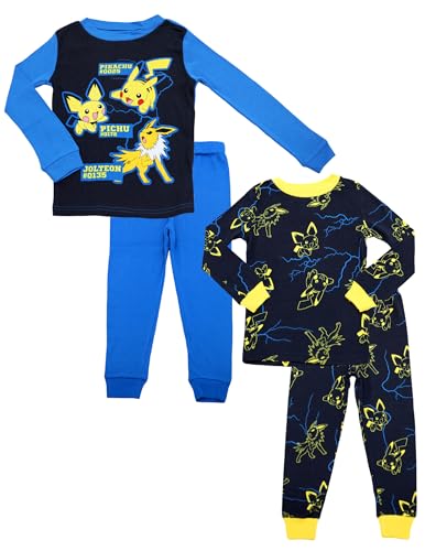 Pokemon Pika Pals - Conjunto de pijama para niños, 4 piezas, ajuste cómodo, pijama de algodón para niños, Pikachu, Pichu, Jolteon, 4 a 10, Azul, 4