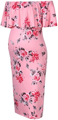 Coolmee Women's Maternity Dress Off Shoulder Casual Maxi Dress (L, Pink Flowers)