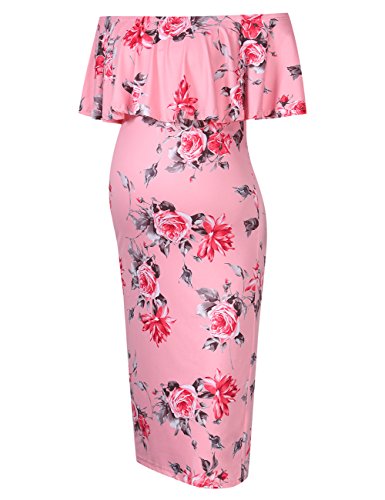Coolmee Women's Maternity Dress Off Shoulder Casual Maxi Dress (L, Pink Flowers) #TOP3