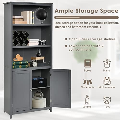 COSTWAY Wooden Storage Cabinet, Floor Standing Cupboard Tall Sideboard with 3-Tier Open Shelves and 2 Doors, Home Living Room Entryway Hallway Display Organiser Unit (Grey)