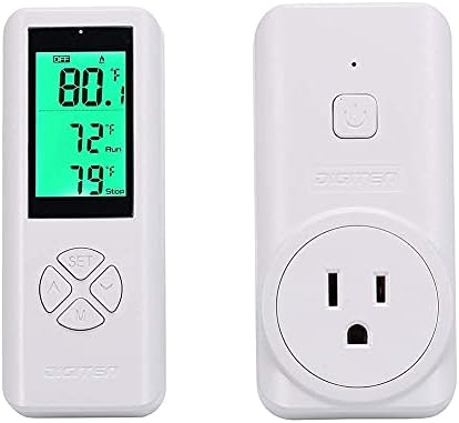 Wireless Temperature Controlled Outlet, Digital Plug in Thermostat Outlet with Remote Control Built in Temp Sensor Heating & Cooling for A/C, Fans, Heaters (Remote Control Detect Temperature)