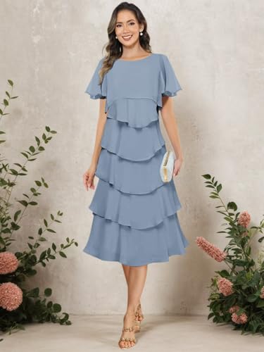 Chiffon Mother of The Bride Dresses Ruffle Short Sleeves Layered Evening Gown Crew Neck Formal Dress for Wedding4