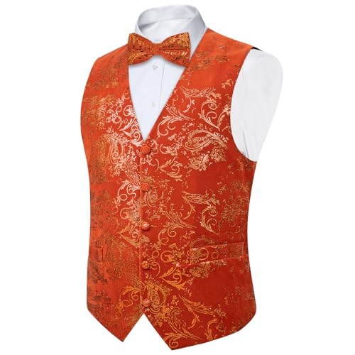 DiBanGu Mens Velvet Dress Waistcoat 6PCS Metallic Paisley Printed Suit Vest and Bowtie Set with Lapel Pin for Suit or Tuxedo2