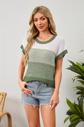 Women's Short Sleeve Sweater Vest Cap Sleeve Summer Sweaters Crewneck Casual Lightweight Color Block Tank Tops2