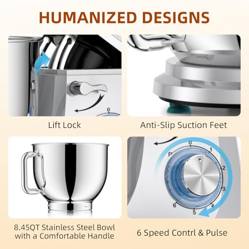 Image of Dough Mixer 8.45 QT Electric Mixer - 660W 6 Speed Large Capacity Kitchen Stand Mixer with Whisk Dough Hook Mixing Beater Household Food Mixer for Baking Cakes Cookie Bread Salad(Silver)