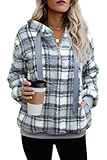 ReachMe Womens Oversized Sherpa Pullover Hoodie with Pockets Fuzzy Fleece Sweatshirt Plaid Fluffy Jacket Coat(A Plaid Grey,L)