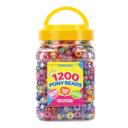 Glitter Pony Beads Bulk for Bracelet 1200+ pcs Multi-Colored Beads for Hair Jewelry Making Braiding DIY Crafts Kandi Key Chains and Ornaments Decorations 9 Assorted Colors Boxed