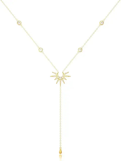Collier en Y en or 14 carats avec pendentif soleil, style boho pour femme