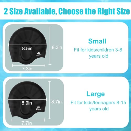 2 Pack Kids Swim Caps for Boys Girls, Durable Silicone Swimming Cap with 3D Ear Pockets for Age 3-15 Toddler Child Youth Teen, Unisex Swim Bath Hats for Short/Long Hair with Ear Plugs Nose Clip-1 by Alepo - Image 2