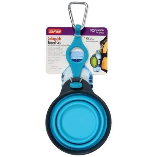 Dexas Popware for Pets Travel Pet Cup with Bottle Holder and Carabiner, Gray/Blue - Image 3
