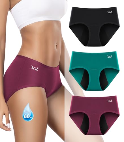 Benirap Periodenunterschwäsche Starke Blutung 60ML, Hohe SaugfäHigkeit Perioden Unterwäsche, Atmungsaktiv Menstruationsunterwäsche Damen (3er Pack) Schwarz Rot Grün XL