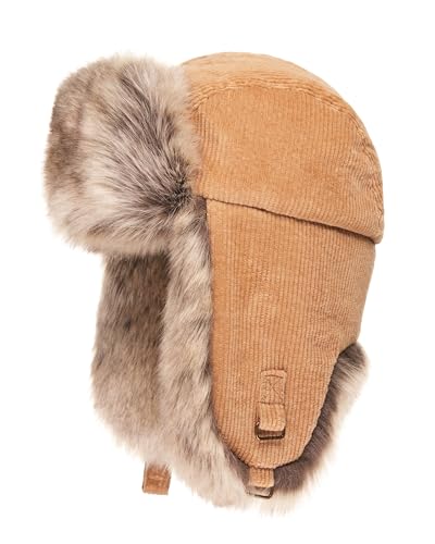 Futrzane Corduroy Trapper Hat - Mens Winter Hats with Ear Flaps - Russian Hat (L, Beige - Beige Siberian)