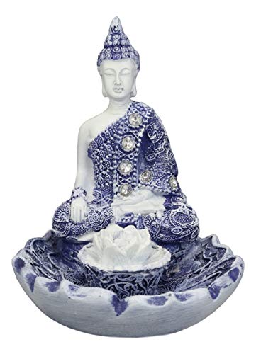 Ebros Gift Bhumisparsha Mudra Buddha Amitabha Meditating By Padma Lotus Flower Incense Holder Burner Figurine In Terracotta Blue And White 4.25" High Buddhist Eastern Enlightenment Feng Shui Decor #TOP4