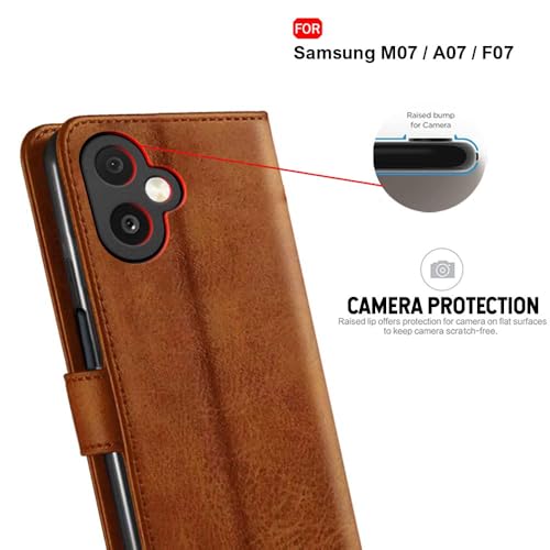 Image of TheGiftKart Flip Cover Back Case for Samsung Galaxy M07 / F07 | Genuine Leather Finish | Designer Button | Inbuilt Pockets & Stand | Wallet Style Flip Back Cover Case (Faux Leather, Brown)