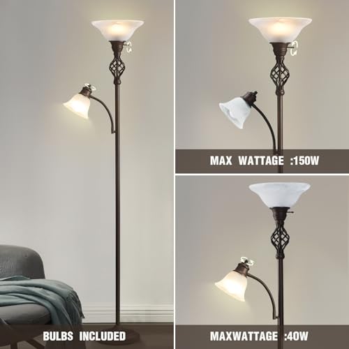 GyroVu Torchiere Floor Lamp for Living Room, LED Standing Reading Light for Bedroom with Glass Shade for Living Room Corner Bedroom Home Office,Bulbs Included (Red Brown,Glass 2 Head) by GyroVu - Used condition - Image 3