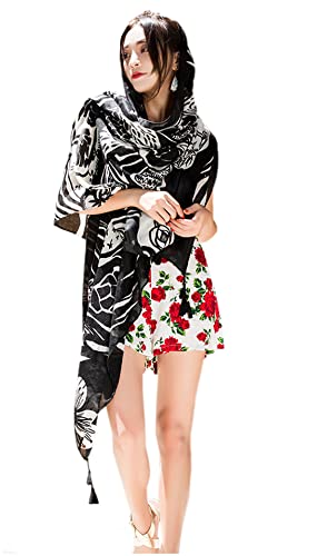 Guzosjo Women's Boho Bohemian Soft Blanket Oversized Fringed Scarf Wraps Shawl Sheer Gift (Black Lotus) #TOP1