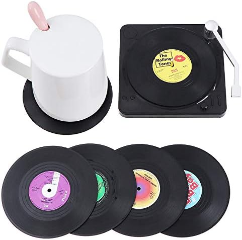 6PCS Retro Vinyl Record Coasters with Holder Drink Cup Mat Placemats Non-Slip Insulated Coffee Drink Mat