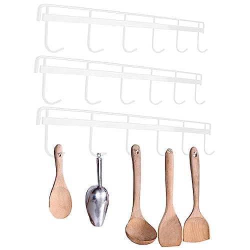 Kitchen Utensil Holder with 6 Hooks, 3pcs Wall Mounted Utensil Racks, No Drilling Space Saving Kitchen Rail Utensil Hanger for Kitchen Bathroom Bedroom Balcony(White)