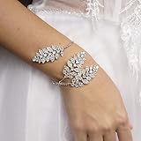 STONEFANS Bridal Leaf Rhinestone Cuff Bracelets for Women Silver Wedding Open Bangle Bracelet Elegan