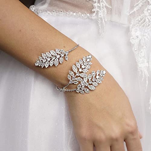 Stonefans Bridal Leaf Rhinestone Cuff Bracelets For Women Silver Wedding Open Bangle Bracelet Elegant Hand Arm Jewelry (Silver) #TOP17